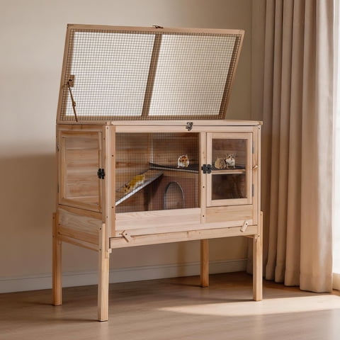 Aivituvin Guinea Pig Cage Indoor Rabbit Hutch with Chew-Proof Edges - Natural Wood