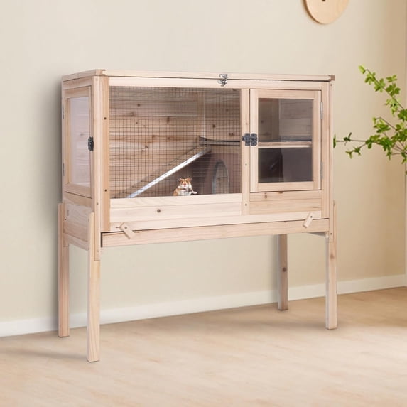 Aivituvin Guinea Pig Cage Rabbit Cage Indoor with Chew-Proof Edges, Clean Deep Tray, Leakproof PVC Layer, Small Animals Cage with Adjustable Legs - Natural Wood Color