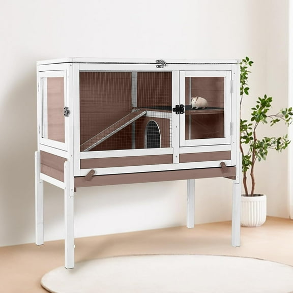 Aivituvin Guinea Pig Cage with Wooden Stand - Hamster Cage, Small Animal Cage Anti Chew Ramp, Hideout, Platform, Pull Out Tray (Brown, L)