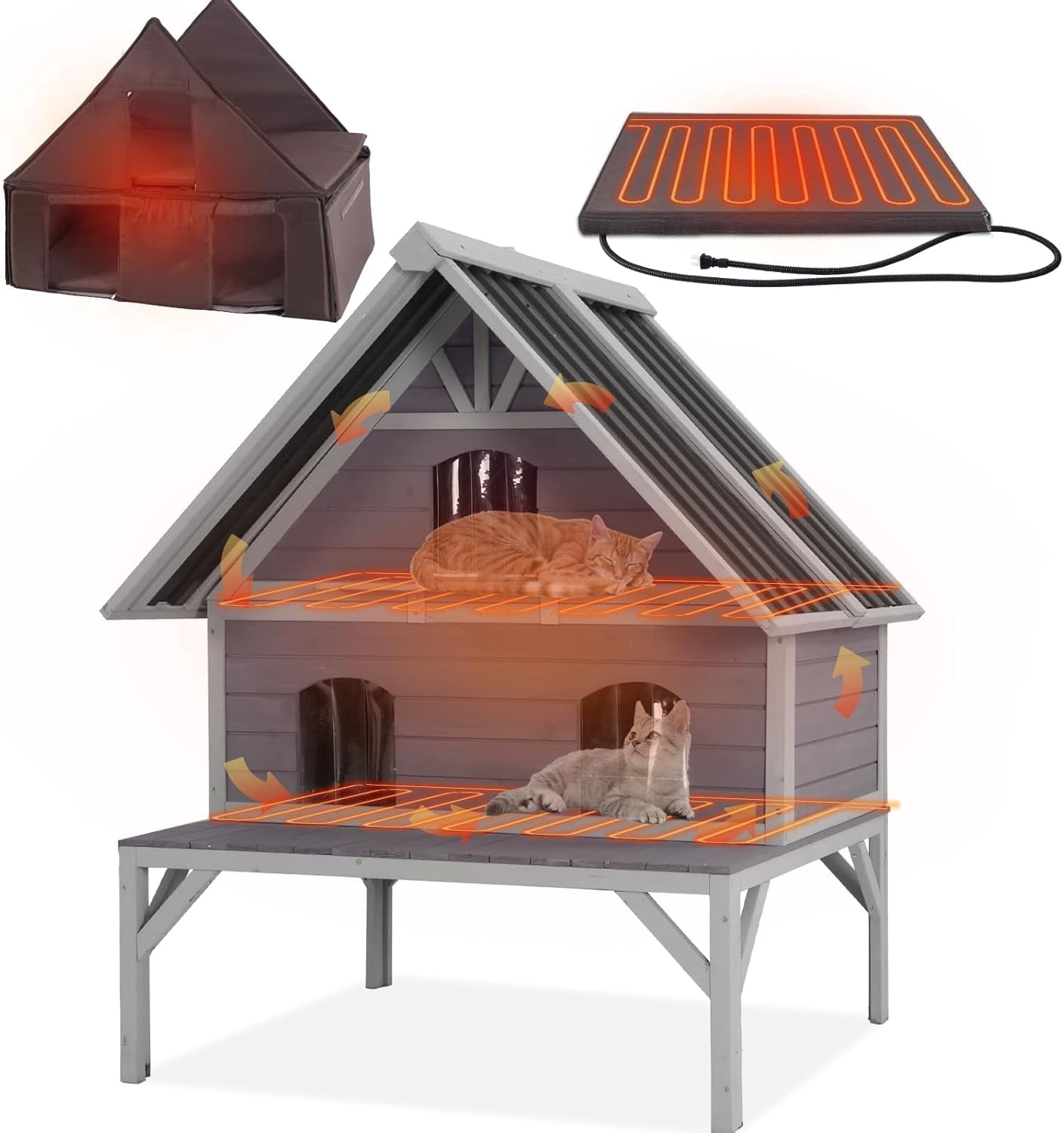 Aivituvin Heated Cat House 2-Level Large Outdoor Cat House Insulated Weatherproof Feral Cat Shelter with 2 Heating Pads, Insulated All-Round Thermal Liner, Large Porch, 3 Escape Doors for 1-6 Cats