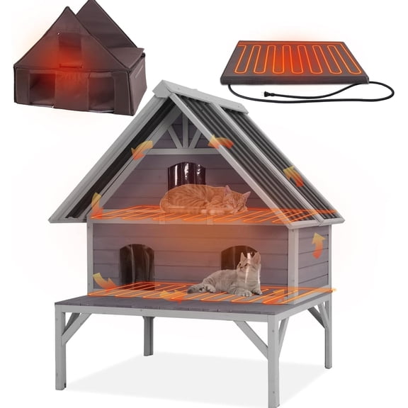 Aivituvin Heated Cat House 2-Level Large Outdoor Cat House Insulated Weatherproof Feral Cat Shelter with 2 Heating Pads, Insulated All-Round Thermal Liner, Large Porch, 3 Escape Doors for 1-6 Cats