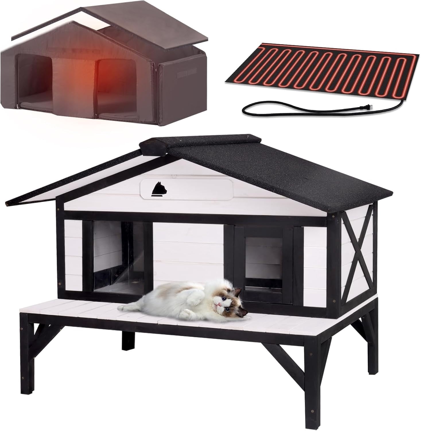 Aivituvin Heated Cat House for Outside Large Outdoor Cat House Insulated Weatherproof Feral Cat Shelter with Heating Pad, Insulated Thermal Liner, Chewproof Cable for 1-4 Cats, Winter-Ready (Black)