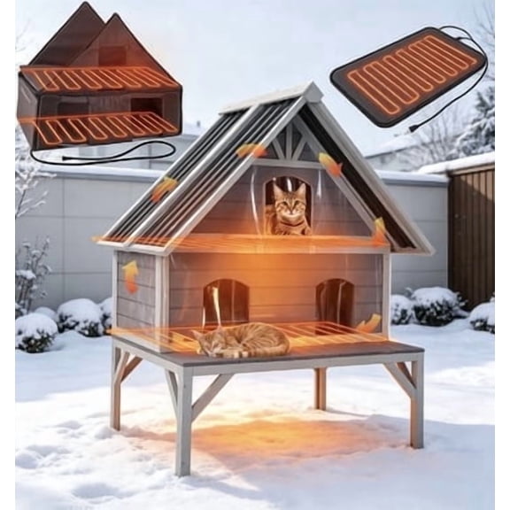 Aivituvin Heated Outdoor Cat House Insulated Cat Shelter with 2 Separate Levels, Insulated Liner, Heating Pad, Large Porch, Three Escape Doors for 2-4 Feral Cats Weatherproof