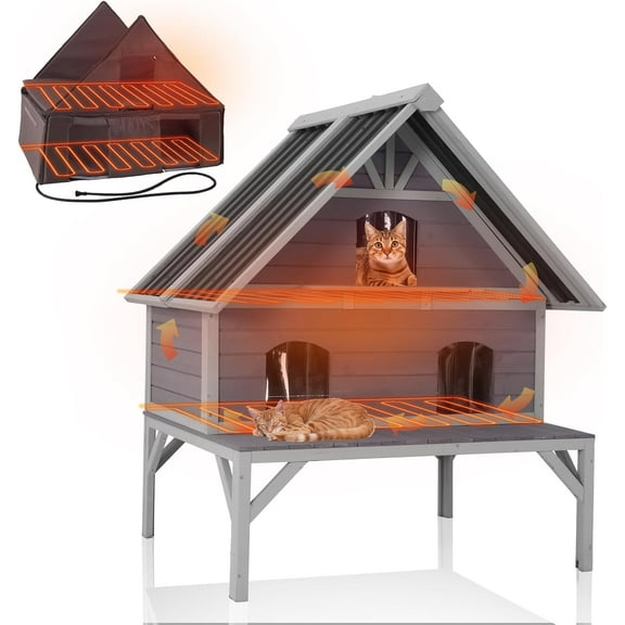 Aivituvin Heated Outdoor Cat House Insulated Cat Shelter with 2 Separate Levels, Insulated Liner, Heating Pad, Large Porch, Three Escape Doors for 2-4 Feral Cats Weatherproof