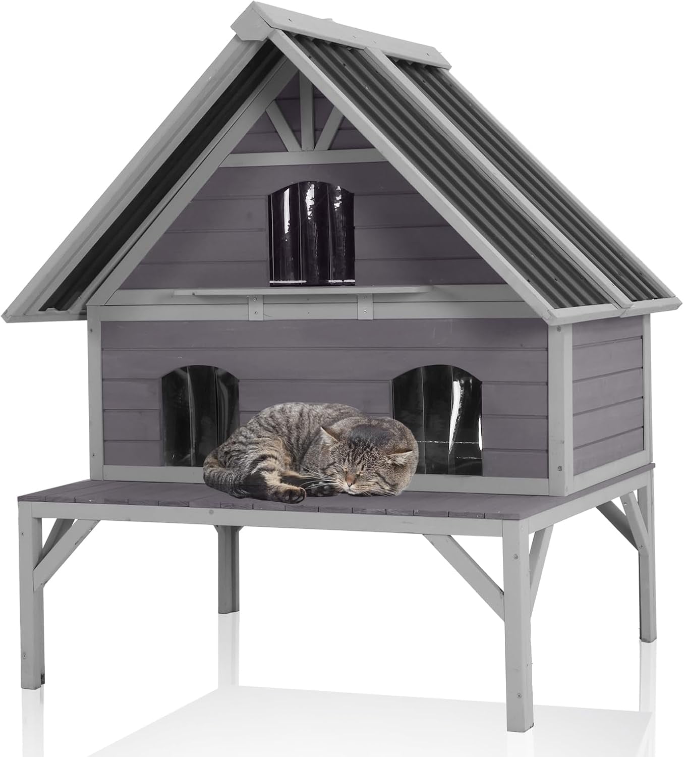 Aivituvin Large Outdoor Cat House Weatherproof 2-Story Wooden Feral Cat Shelter Cat Condo for Winter with Waterproof Roof, Large Porch Balcony, Escape Doors (Easy-Access Design)