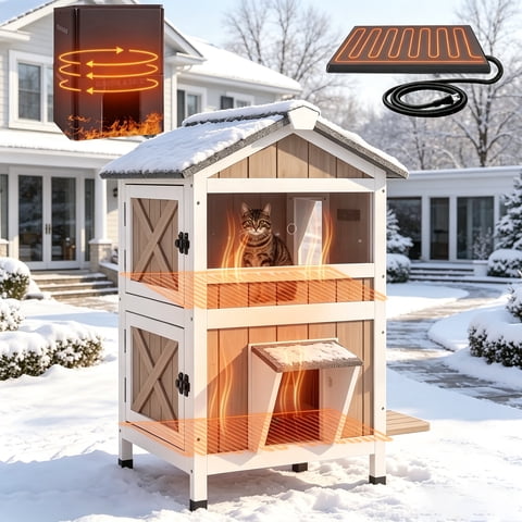 Aivituvin Heated Cat House for Outdoor Cats Weatherproof Two Story Feral Cat Shelter for Winter with Heater and Insulated Liner, 2 Large Side Doors, Acrylic Window Brown