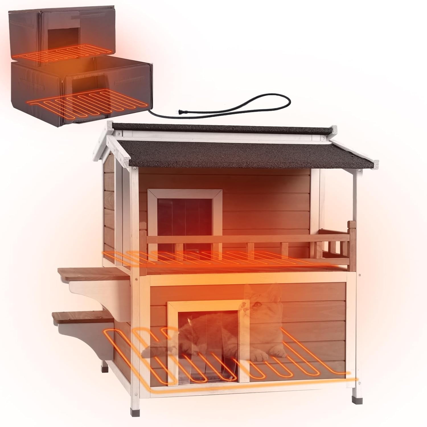 Aivituvin Heated Cat House for Outside, 2-Story Wooden Cat House Weatherproof for Winter Outdoor Feral Cat Shelter with Heater and Insulated Liner, Brown