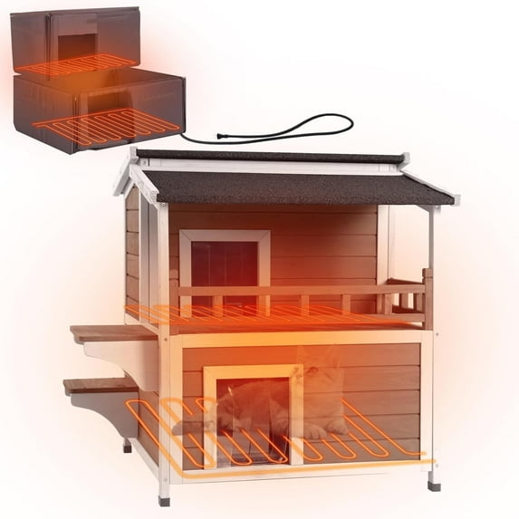 Aivituvin Heated Cat House for Outside, 2-Story Wooden Cat House Weatherproof for Winter Outdoor Feral Cat Shelter with Heater and Insulated Liner, Brown