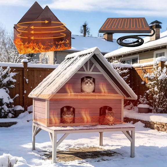 Aivituvin 2-Levels Heated Cat House for Outside Large Insulated Outdoor Cat Shelter Waterproof Cat Houses with Heating Pad Insulate Liner PVC Curtain