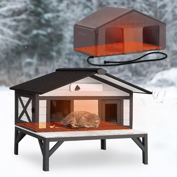 Aivituvin Heated Cat House for Outside, Large Outdoor Cat House Insulated Weatherproof Feral Cat Shelter with Heating Pad, Insulated Thermal Liner, Chewproof Cable for 1-4 Cats, Black & White
