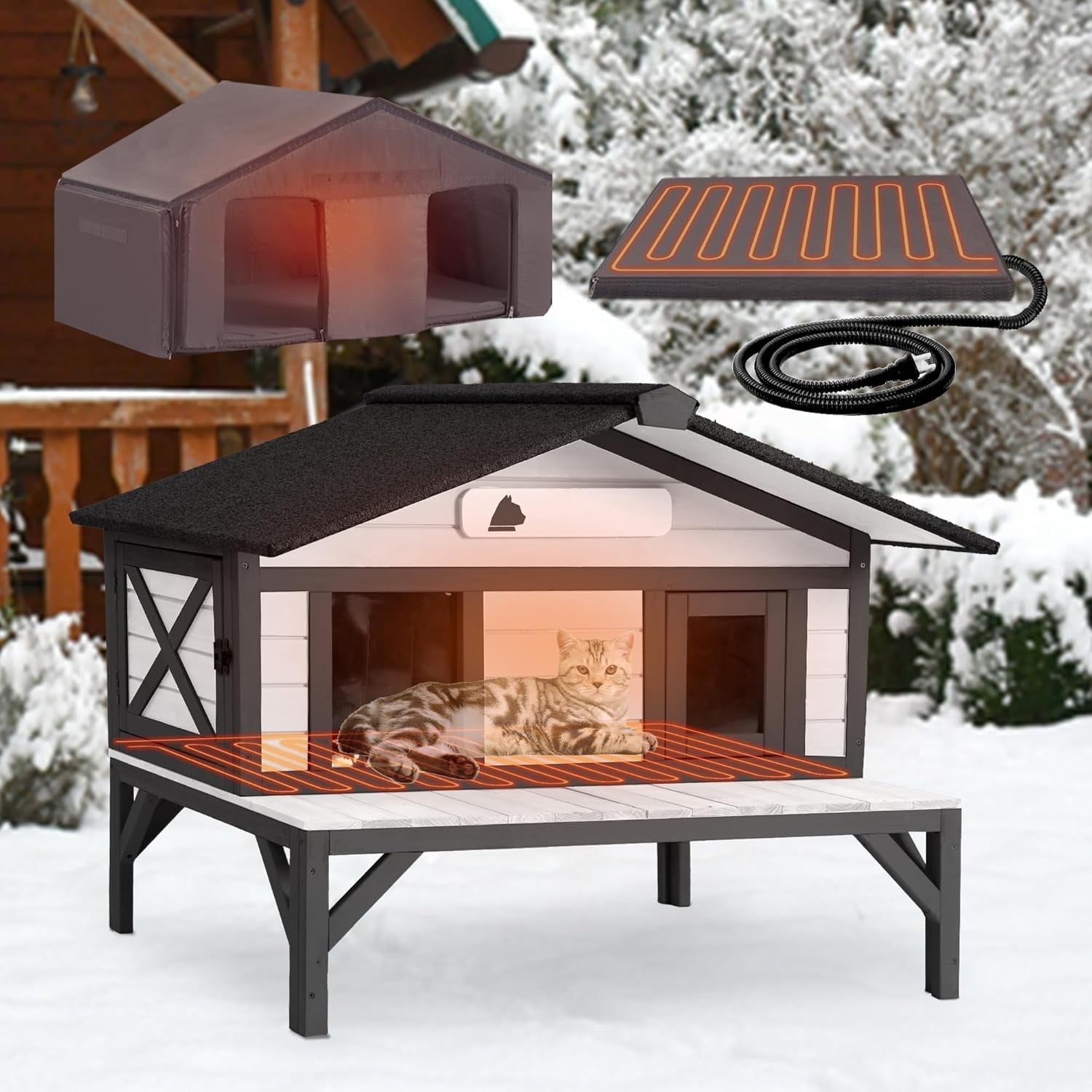 Aivituvin Heated Cat House for Outside, Outdoor Cat House Insulated with Electric Heating Blanket, Bite-Resistant Wires, Weatherproof Feral Cat Shelter for Winter