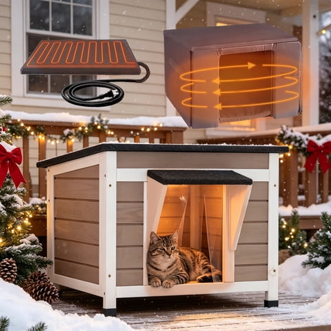 Aivituvin Heated Cat House for Outdoor Dog Kitty Feral Cats Shelter with 8-Layer Heating Pad & Insulated Liner, Weatherproof Roof, Escape Door Brown