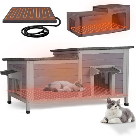 Aivituvin Outdoor Heated Cat House Insulated Weatherproof Cat Shelter with Automatic Temperature Control, Overheat Protection, Insulated Liner, Emergency Escape Doors, Perfect for Multiple Feral Cats