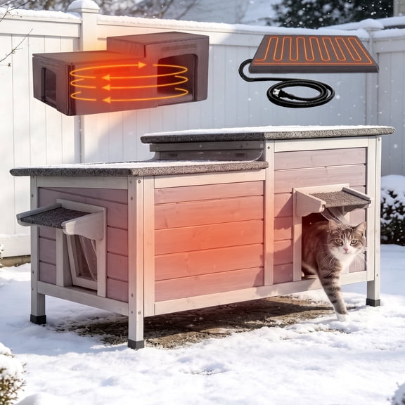 Outdoor Cat House Large Heated Insulated Cat House Indestructible Weatherproof Cat Shelter with Openable Hinged Roof, Escape Door for 1-4 Feral Cats