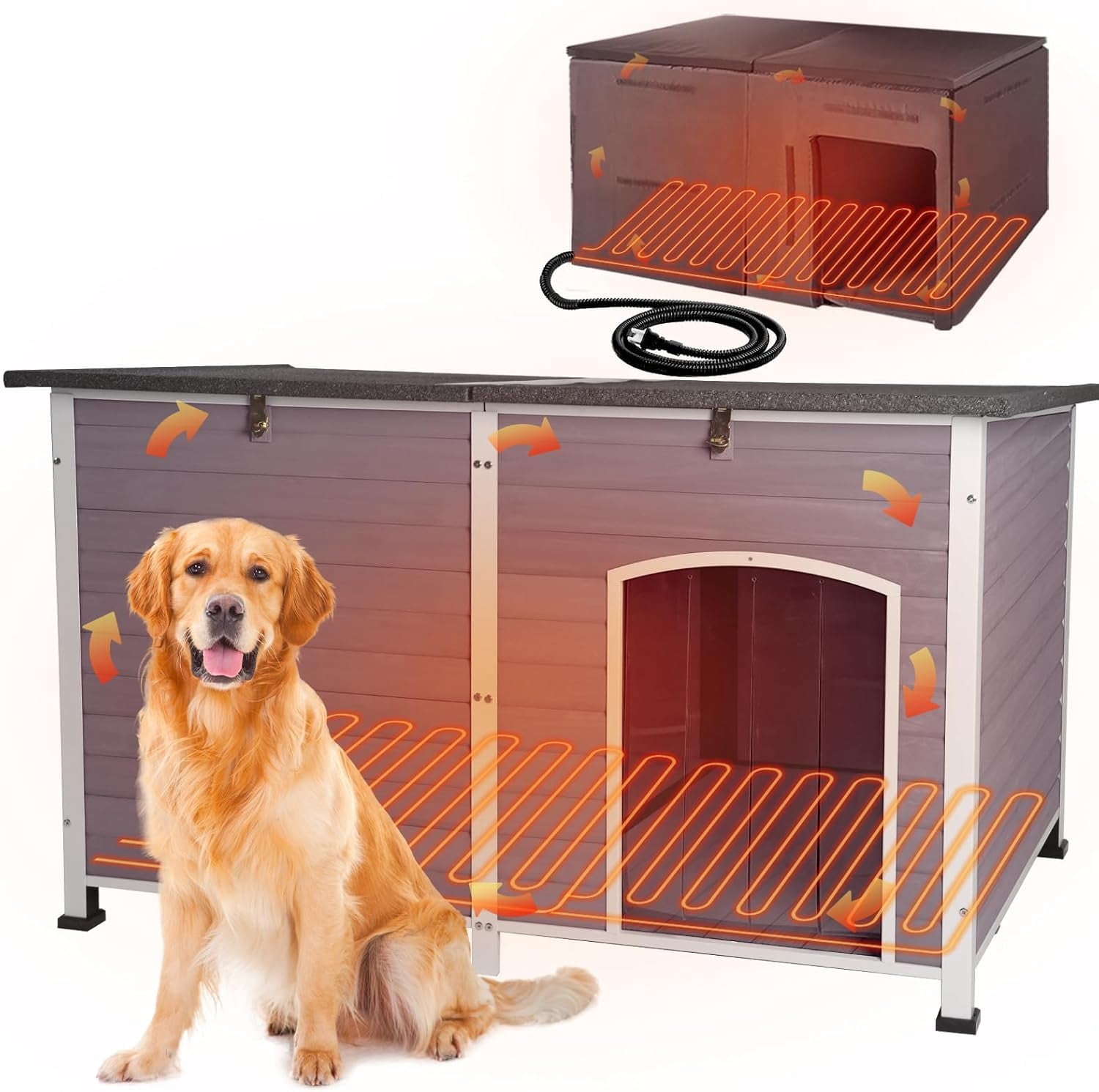 Aivituvin Heated Dog House with Electric Heating Pad Extra Large 59.1" Outdoor & Indoor Dog Kennl with Insulated Liner Keep Warm in Winter, Waterproof Pet Shelter, Strong Metal Frame，35.4"D x 59.1"W