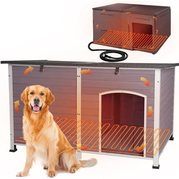 Aivituvin Heated Dog House with Electric Heating Pad Extra Large 59.1" Outdoor & Indoor Dog Kennl with Insulated Liner Keep Warm in Winter, Waterproof Pet Shelter, Strong Metal Frame,35.4"D x 59.1"W