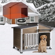 Aivituvin Heated Dog House with Heating Pad & Anti-Chewing Metal Frame, Insulated Wooden Dog Kennel with Unique Design Roof, Weatherproof Dog House for Indoor & Outdoor Use, Dark Brown
