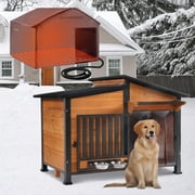 Aivituvin Heated Dog House with Heating Pad & Anti-Chewing Metal Frame, Insulated Wooden Dog Kennel with Unique Design Roof, Weatherproof Dog House for Indoor & Outdoor Use