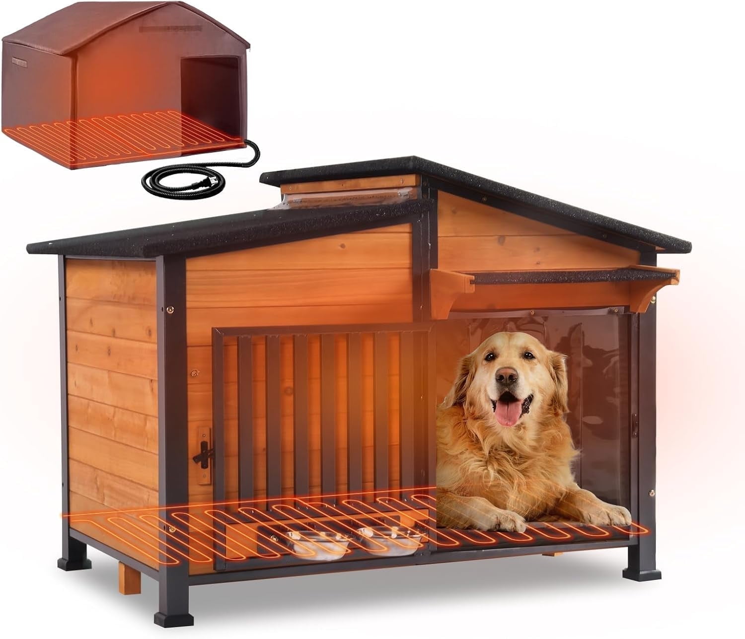 Aivituvin Heated Dog House Large Outdoor Insulated Dog Kennel Weatherproof Dog Shelter with Heated Pad, Insulated All-Round Thermal Liner, Chew-Proof Design for Dogs (Brown)
