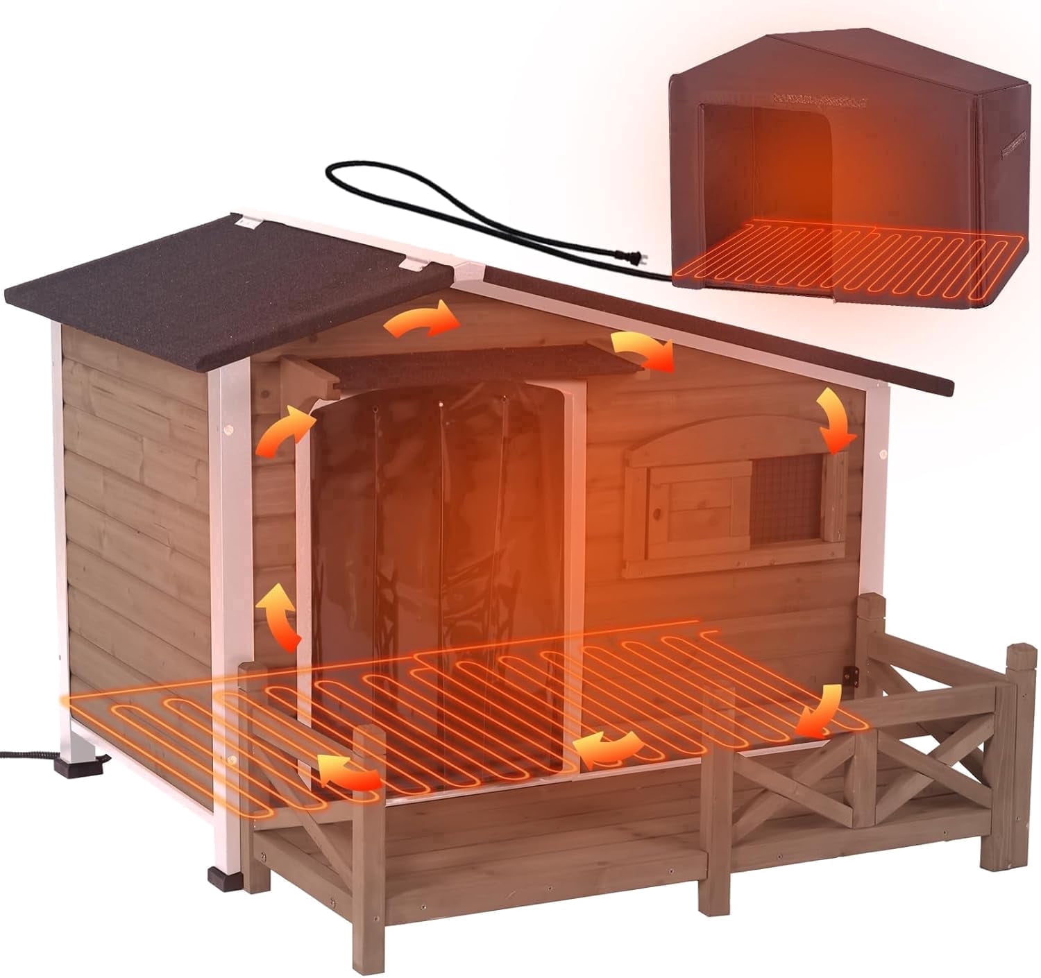 Aivituvin Heated Dog House Outdoor Dog Wooden Kennel with Safe Heated Pad, Chew-Proof Metal Frame and Insulated Liner Dark Brown
