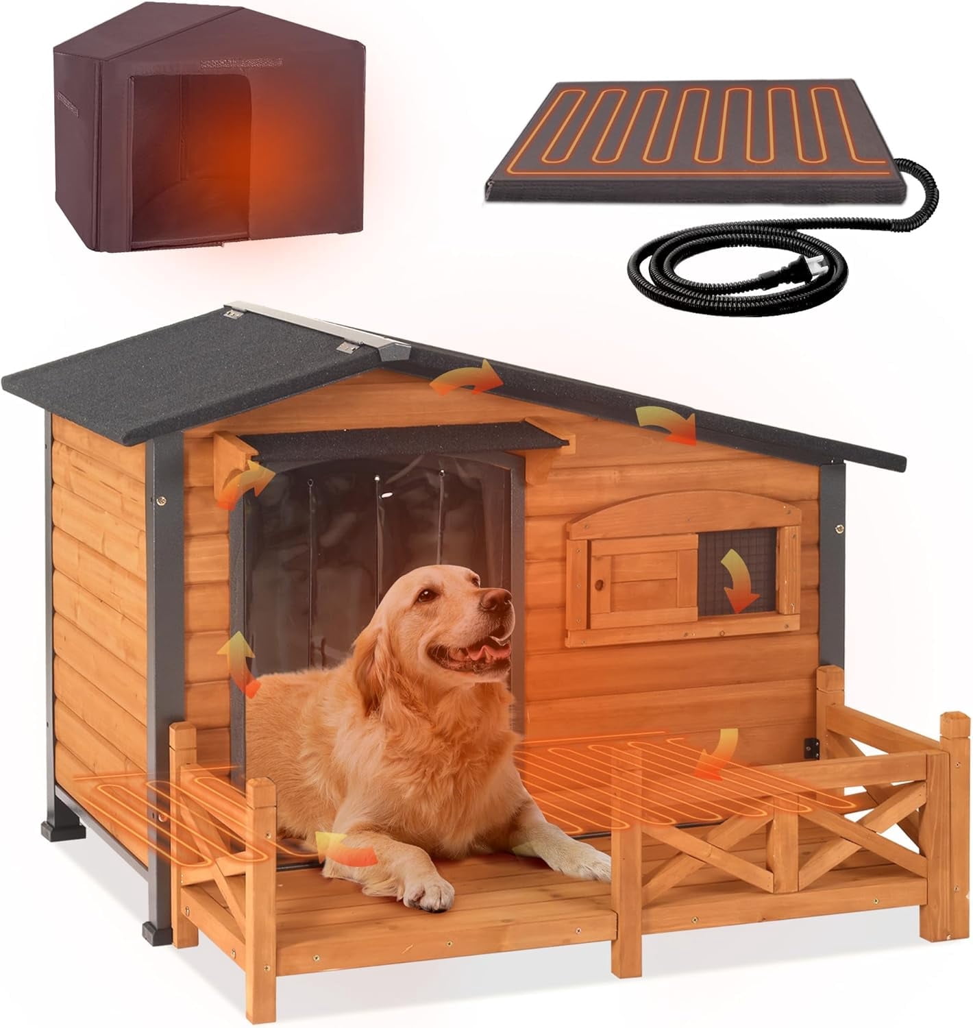 Aivituvin Heated Dog House Outdoor Dog Kennel with Safe Heated Pad, Chew-Proof Metal Frame and Rotating Food Bowl for Small to Medium Dogs, 44.6" L x 41.1" W x 32.9“H (Brown)