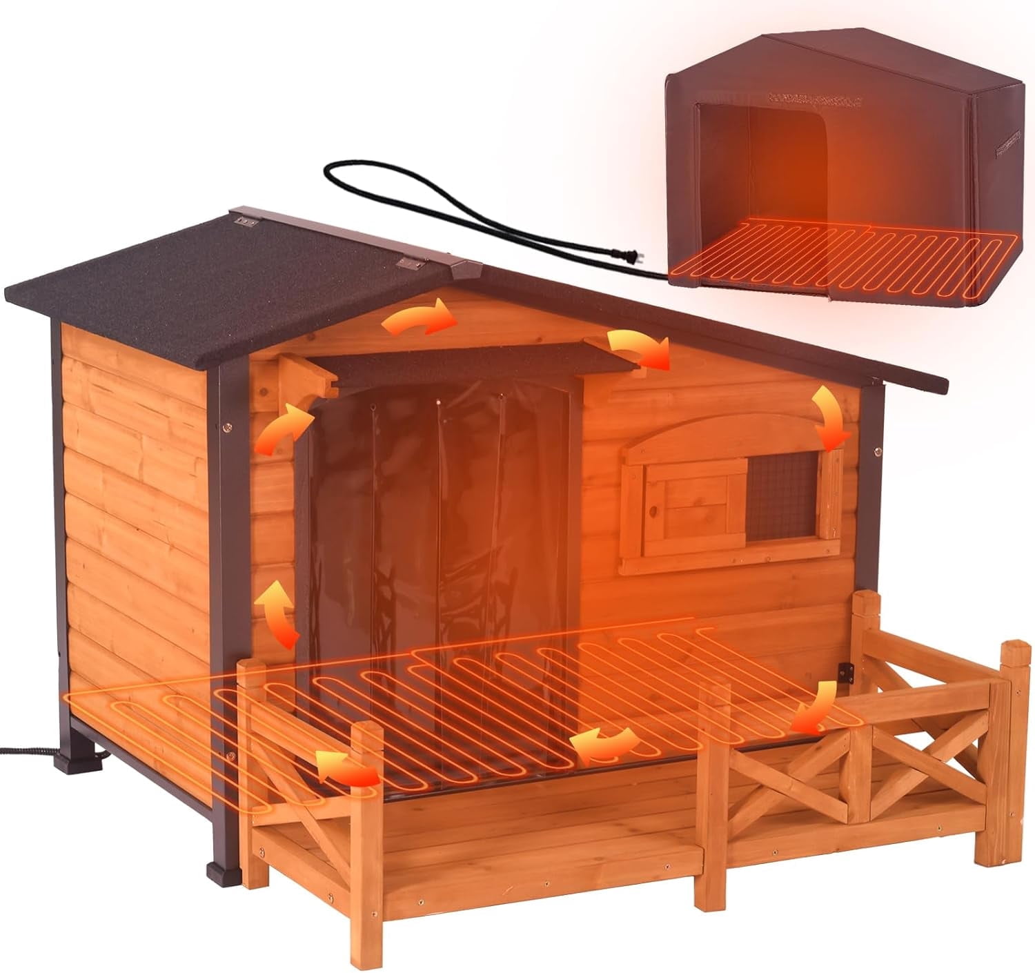 Aivituvin Heated Dog House Outdoor Dog Kennel with Safe Heated Pad, Chew-Proof Metal Frame and Rotating Food Bowl for Small to Medium Dogs, 44.6" L x 41.1" W x 32.9“H (Brown)