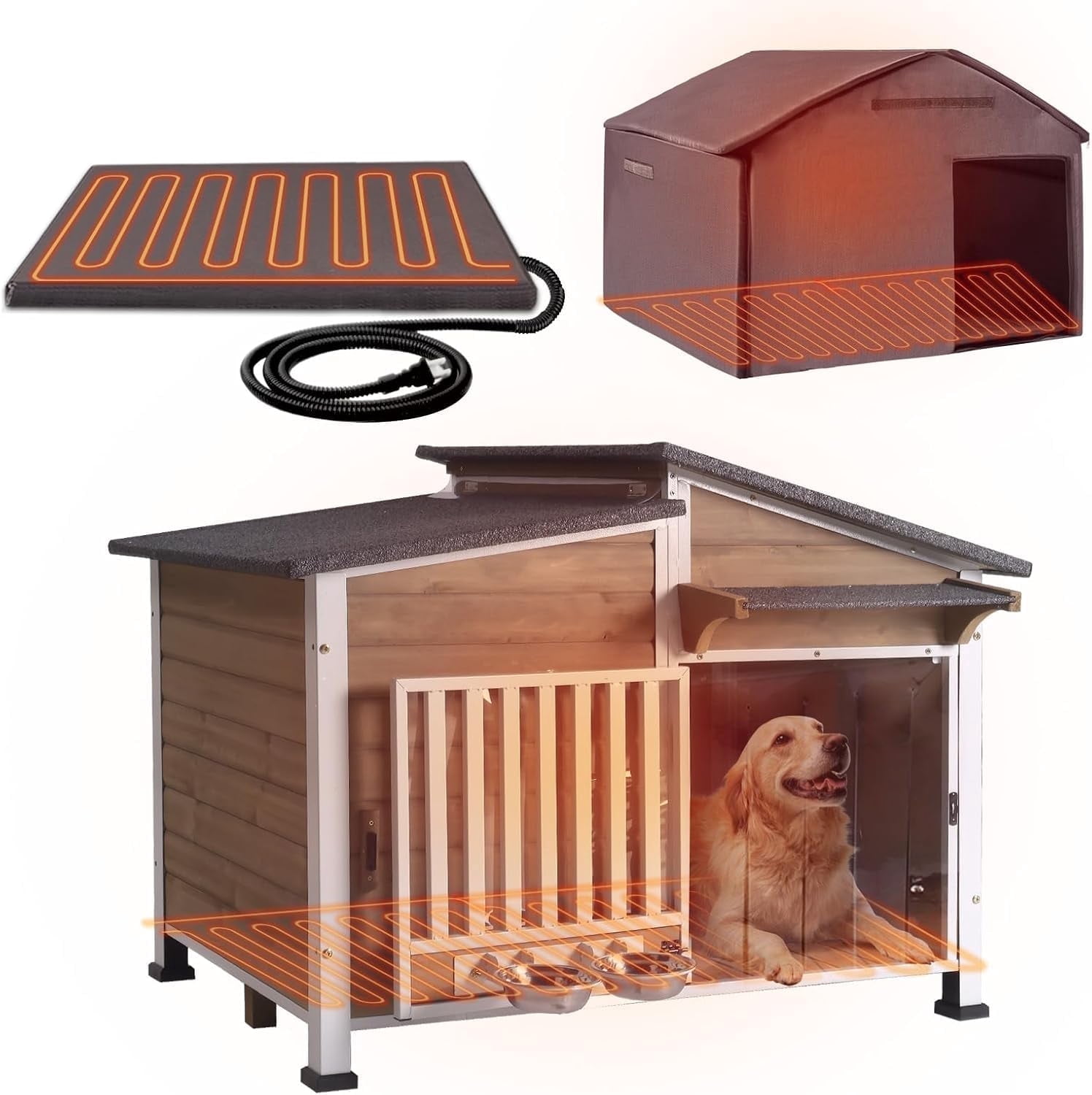 Aivituvin Heated Dog House Outdoor with Heating Pad and Insulated Liner, Wooden Dog Kennel with Anti-Chewing Metal Frame, Weatherproof Dog Shelter with Bowls for Outdoor or Indoor Use (Light Brown)