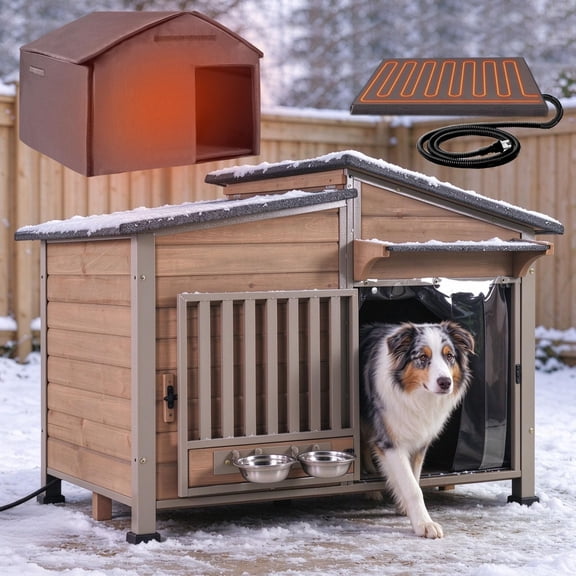 Aivituvin Heated Dog House Outdoor Insulated Wood Kennel with Bowl Weatherproof Dog Crate with Full Metal Frame Heated Pad for Small to Large Dog Breeds