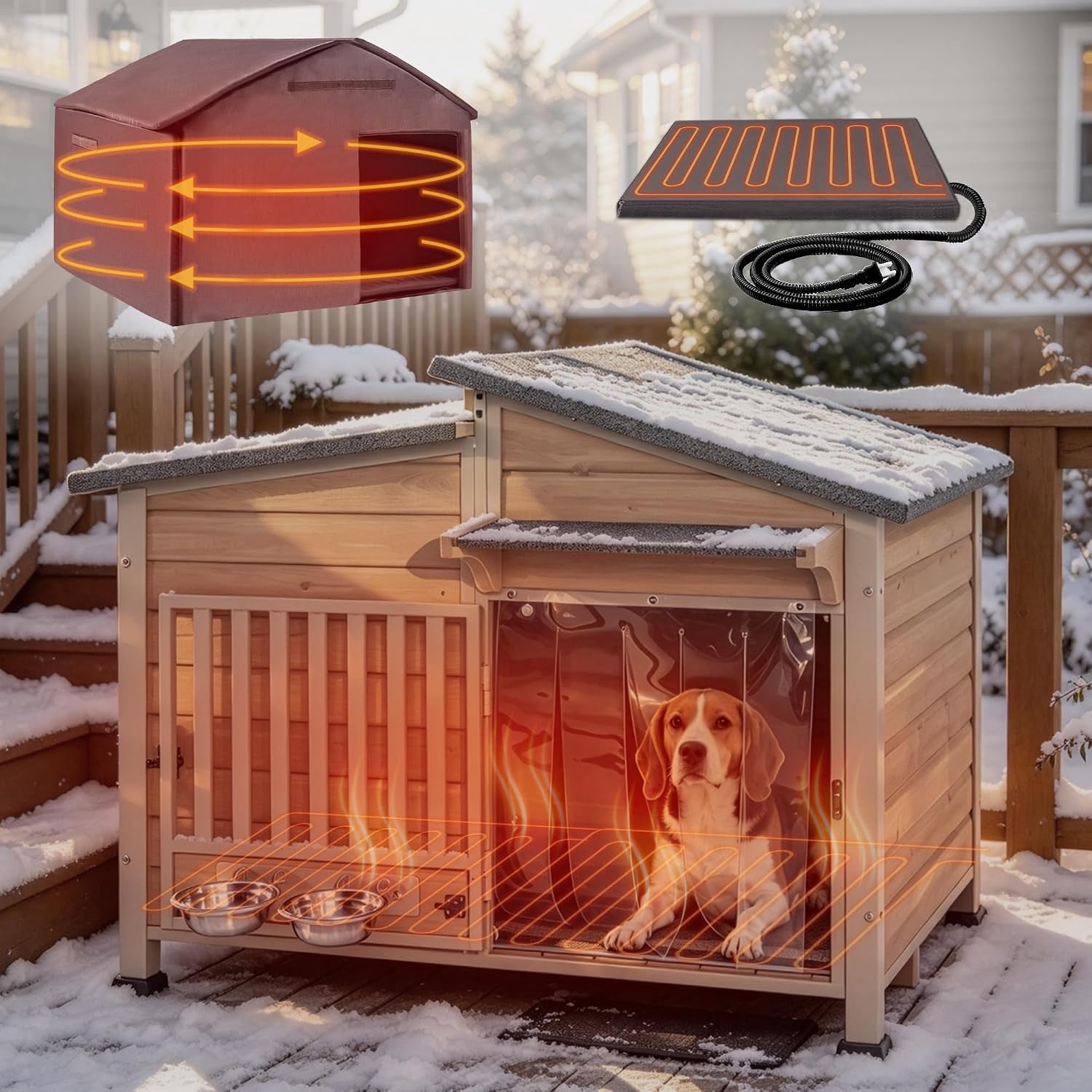 Aivituvin Heated Dog House Outdoor with Iron Frame and Rotating Bowls ...