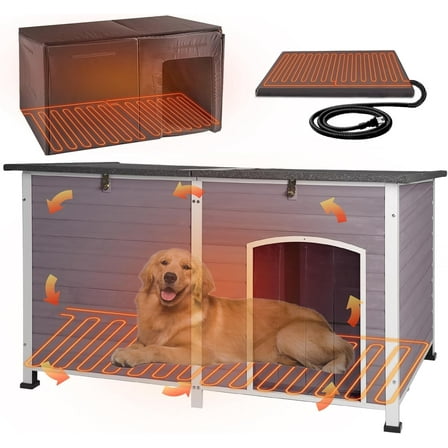 Aivituvin Extra Large Heated Insulated Dog House Wooden Outdoor Dog Kennel for Winter 59"