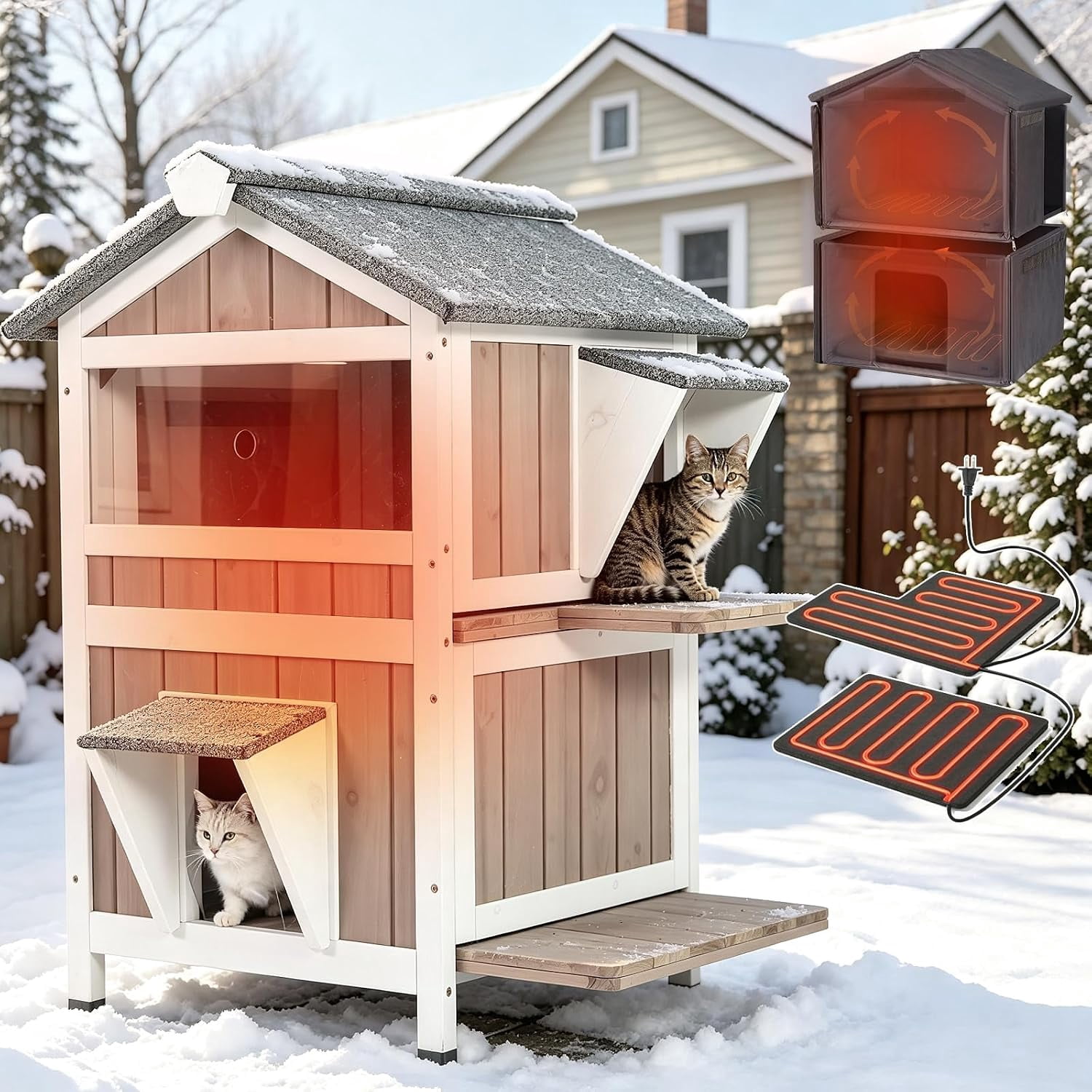 Aivituvin Heated Outdoor Cat House, 2-Story Wooden Shelter with Heating ...