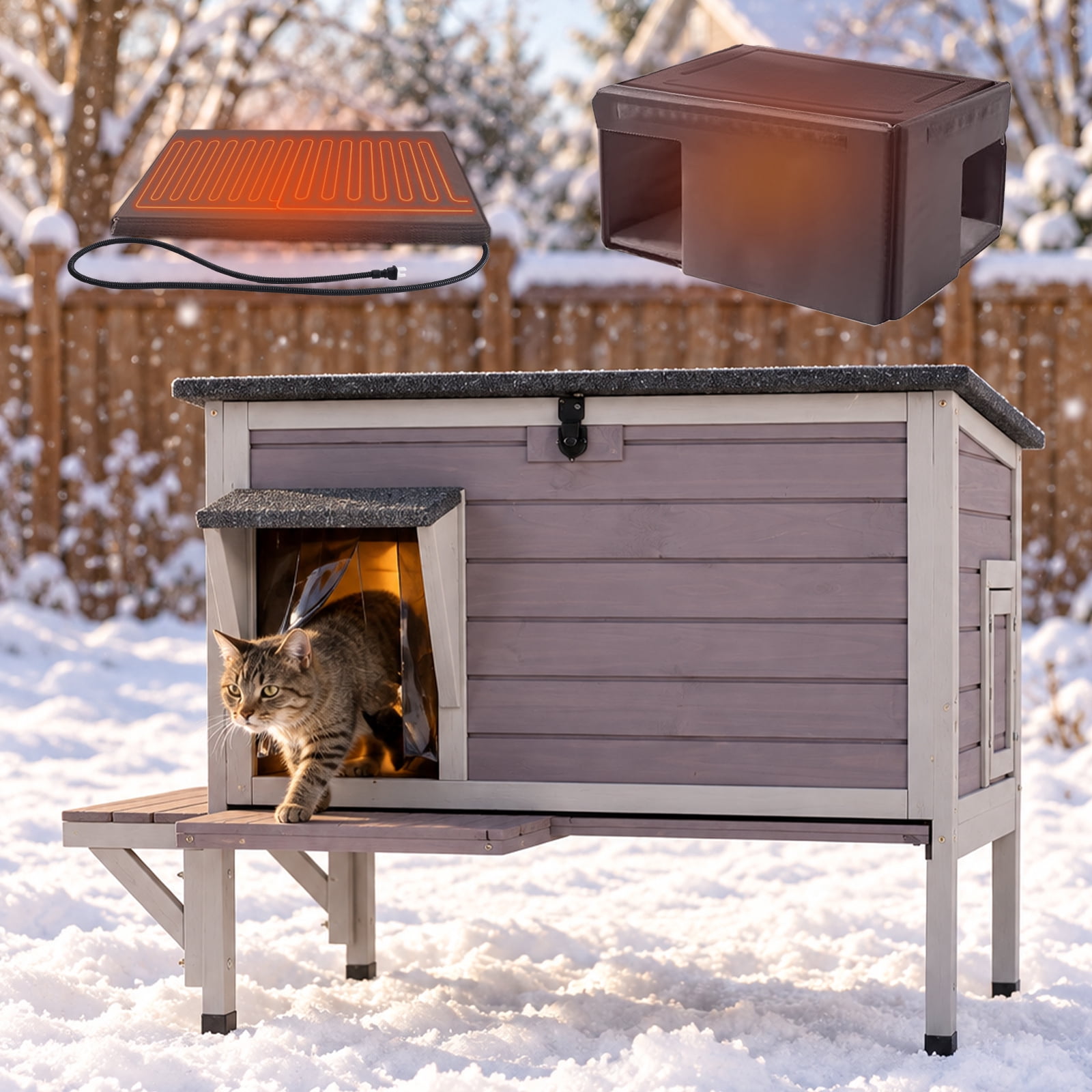 Aivituvin Large Heated Cat House with Heating Pad Insulated Liner ...