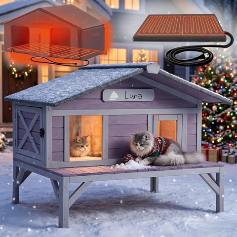 Aivituvin Heated Cat House for Outside, Insulated Outdoor Cat House with Heating Pad & Insulated Liner, Large Wooden Cat Shelter with Large Porch & Two Escape Doors for Multiple Cats, Gray