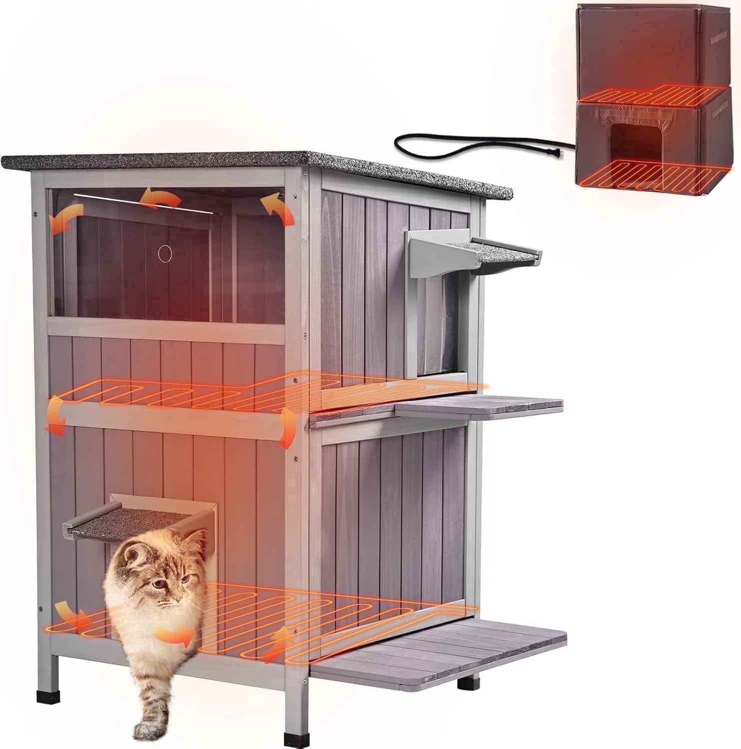 Aivituvin Heated Outdoor Cat House Insulated Weatherproof Outside Feral Cat Shelter for Winter with Heater and Insulated Liner Two Story