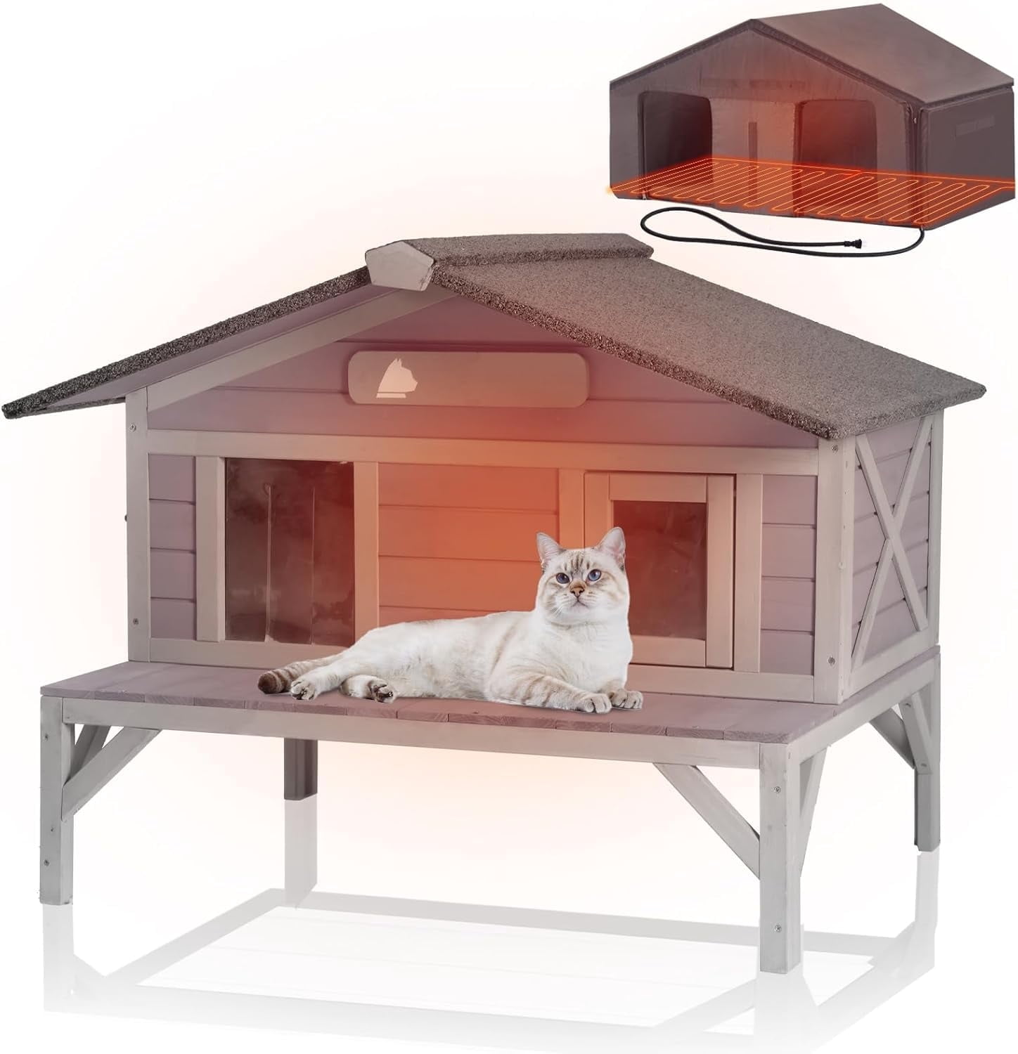 Aivituvin Heated Outdoor Cat House Weatherproof Large Cat Shelter with 100% Insulated Liner for Multiple Cats, Cat Houses for Indoor Cats Gray