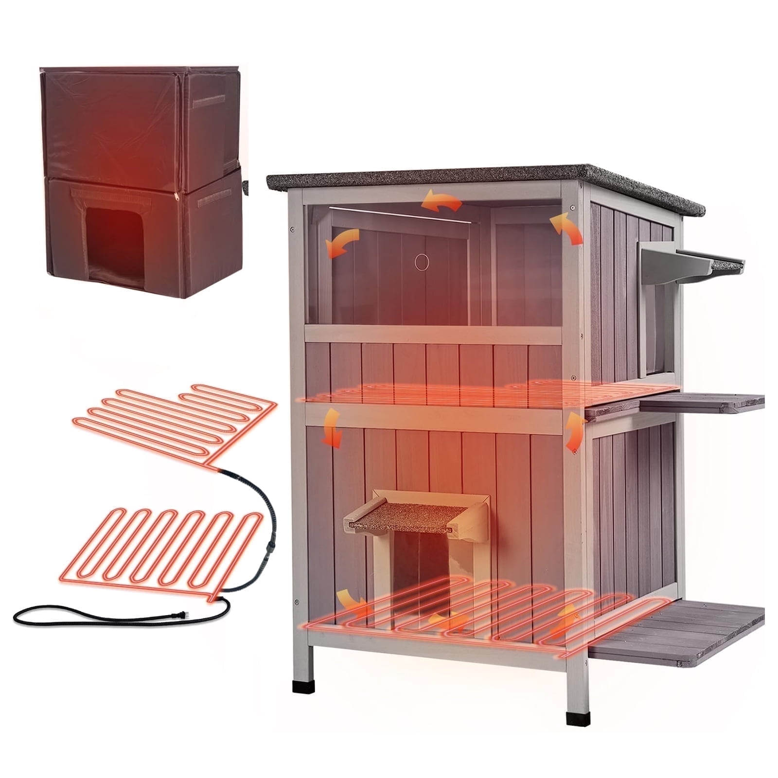 Aivituvin Heated Cat House with Heating Pad & Insulated Liner for Winter, Insulated Outdoor Cat House for Outdoor Indoor, Weatherproof Two Story Cat Shelter for Feral & Stray Cats