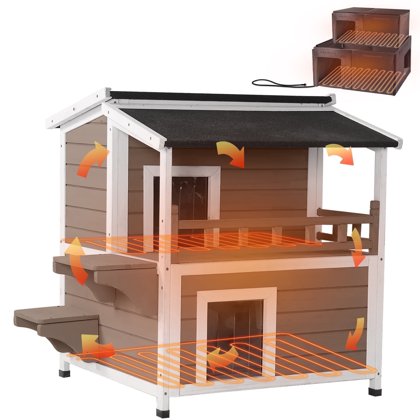 Aivituvin Heated Outdoor Cat House for Outside Insulated Feral Cat Shelter Weatherproof with Heated and Insulated Liner 2 Story, Brown