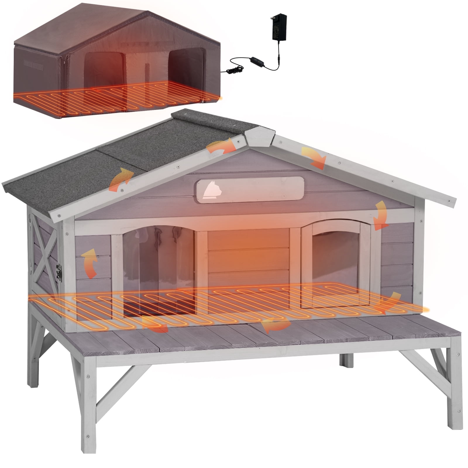 Aivituvin Heated Outdoor Cat House for Outside Insulated Feral Cat Sheter for Winter with Insulated Liner and Heater, Raised Leg, Large Porch