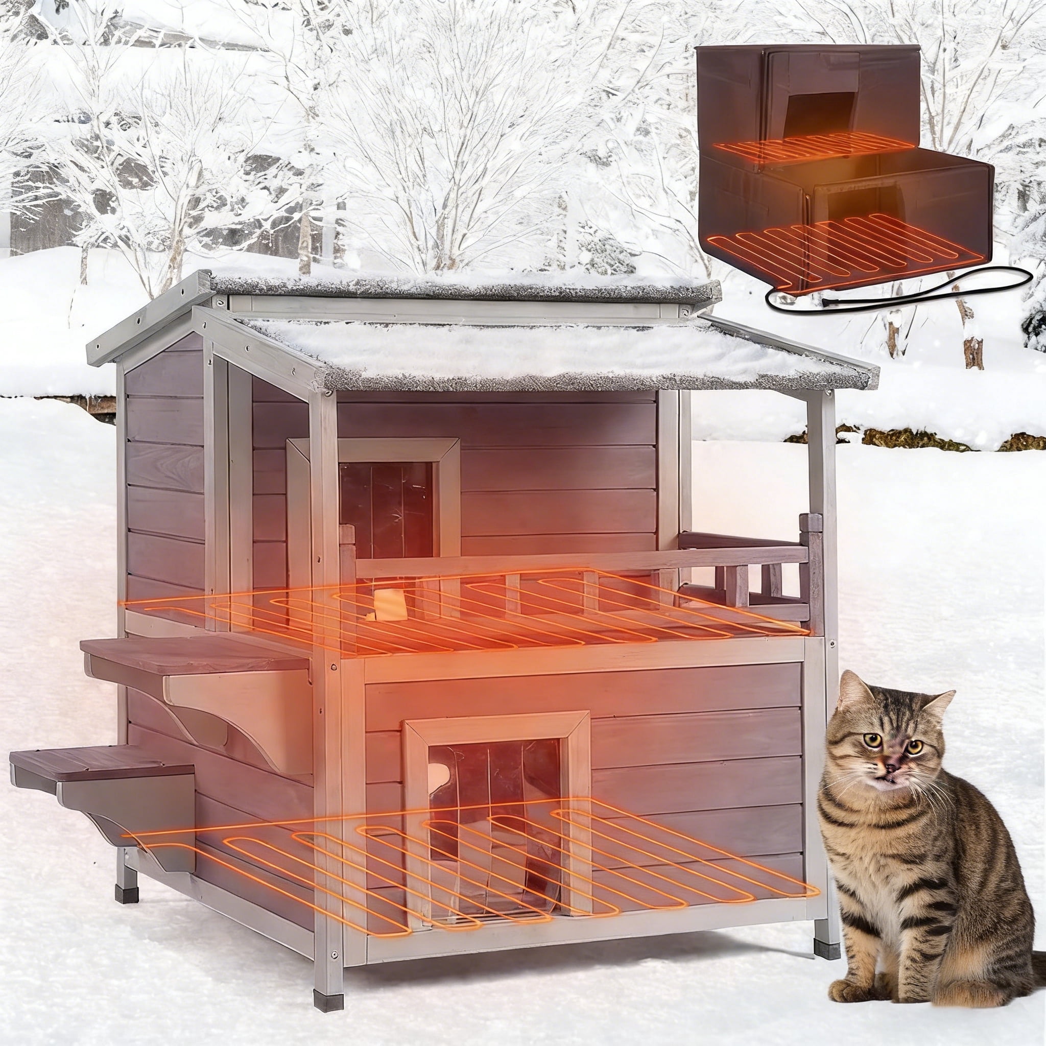 Aivituvin Heated Outdoor Cat House for Outside Insulated Feral Cat Shelter Weatherproof with Heated and Insulated Liner 2 Story