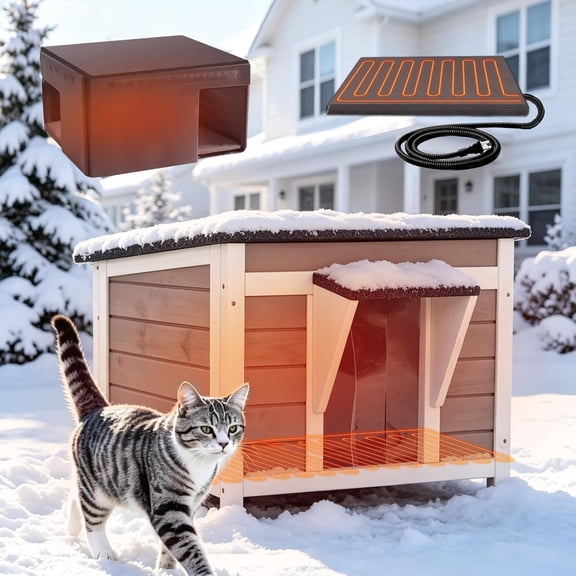 Aivituvin Heated Cat House Outdoor Insulated Weatherproof Wooden Feral Shelter, Insulated Liner, 8-Layer Heating Pad, Asphalt Roof, PVC Door Flap, Brown