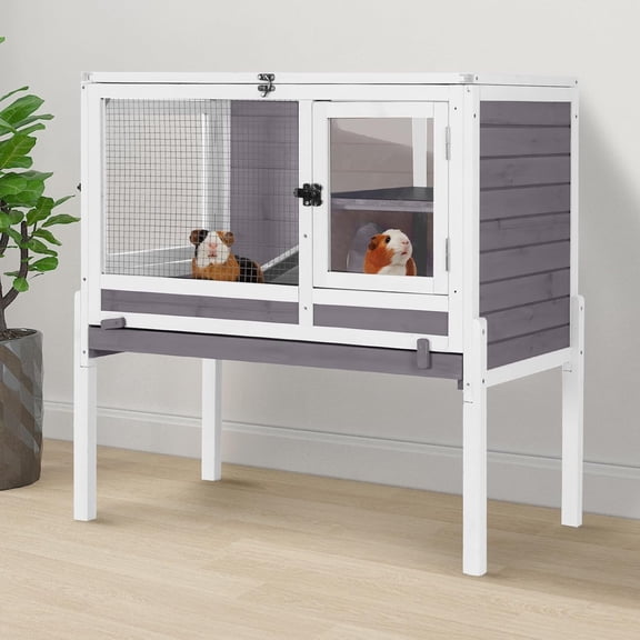 Aivituvin Indoor Guinea Pig Cage Rabbit Hutch with Chew-Proof Ramp, 2-Story Wooden Bunny House with Pull-Out Trays & Leakproof PVC Layer, Small Animal Cages with Detachable Legs (Gray)