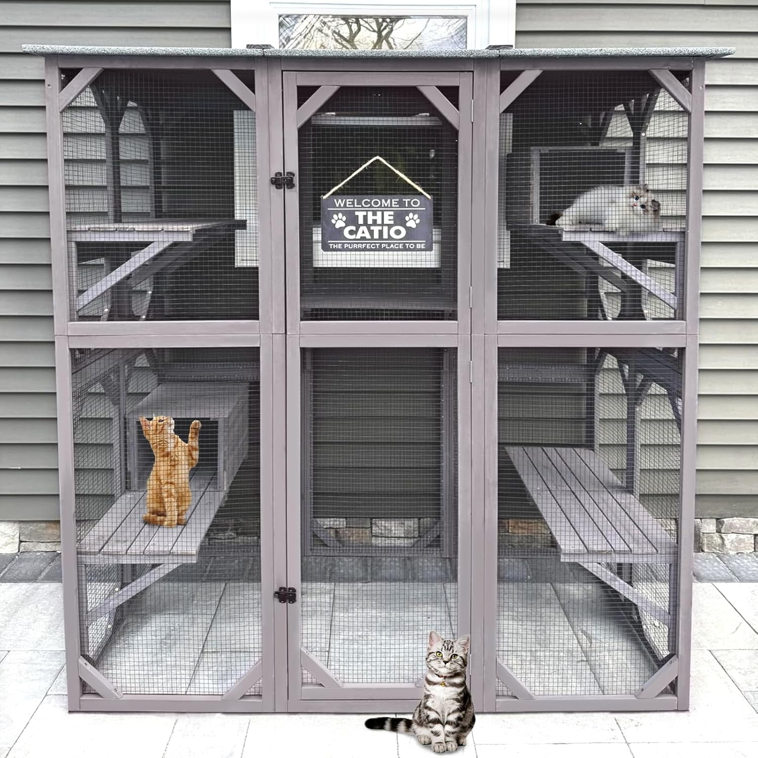 Aivituvin Catio Outdoor Cat Enclosure with 7 Platforms, 2 Resting Boxes, Large Window Cat House for 6-8 Mulitiple Cats Walk in Kitty Cage with Weatherproof Tarp Roof 71"