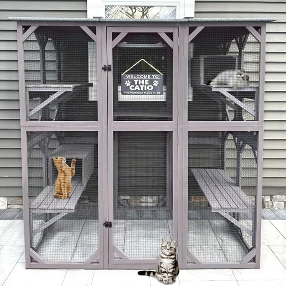 Aivituvin Catio Outdoor Cat Enclosure with 7 Platforms, 2 Resting Boxes, Large Window Cat House for 6-8 Mulitiple Cats Walk in Kitty Cage with Weatherproof Tarp Roof 71"