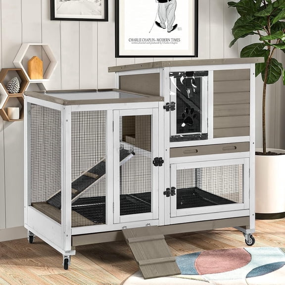 Aivituvin Indoor Outdoor Rabbit Hutch, Bunny Cage on Wheels with 2 Deep No Leakage Pull Out Trays (Mocha Color)