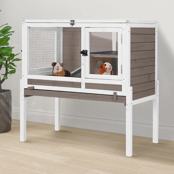 Aivituvin Indoor Rabbit Hutch Guinea Pig Cages with Chew-Proof Ramp, 2-Story Wooden Bunny House with Pull-Out Tray & Leakproof PVC Layer, Small Animal Cage with Detachable Legs