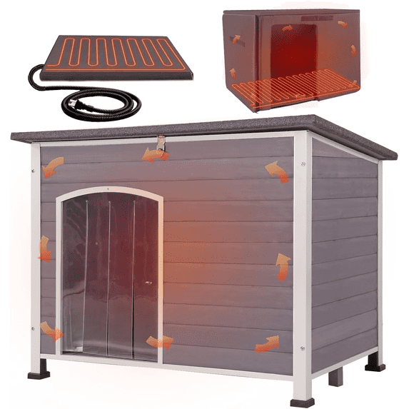 Aivituvin Extra Large Heated Insulated Dog House for Winter Wooden Outdoor Dog Kennel with All-Around Iron Frame