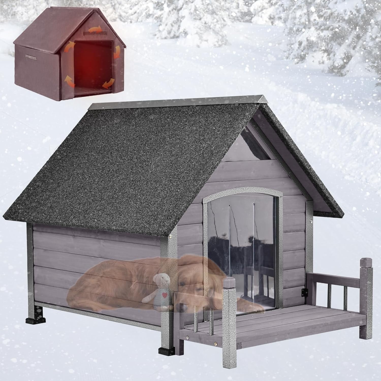 Aivituvin Insulated Dog House with Insulated Liner for Winter Outdoor Weatherproof Kennel All-Around Iron Frame