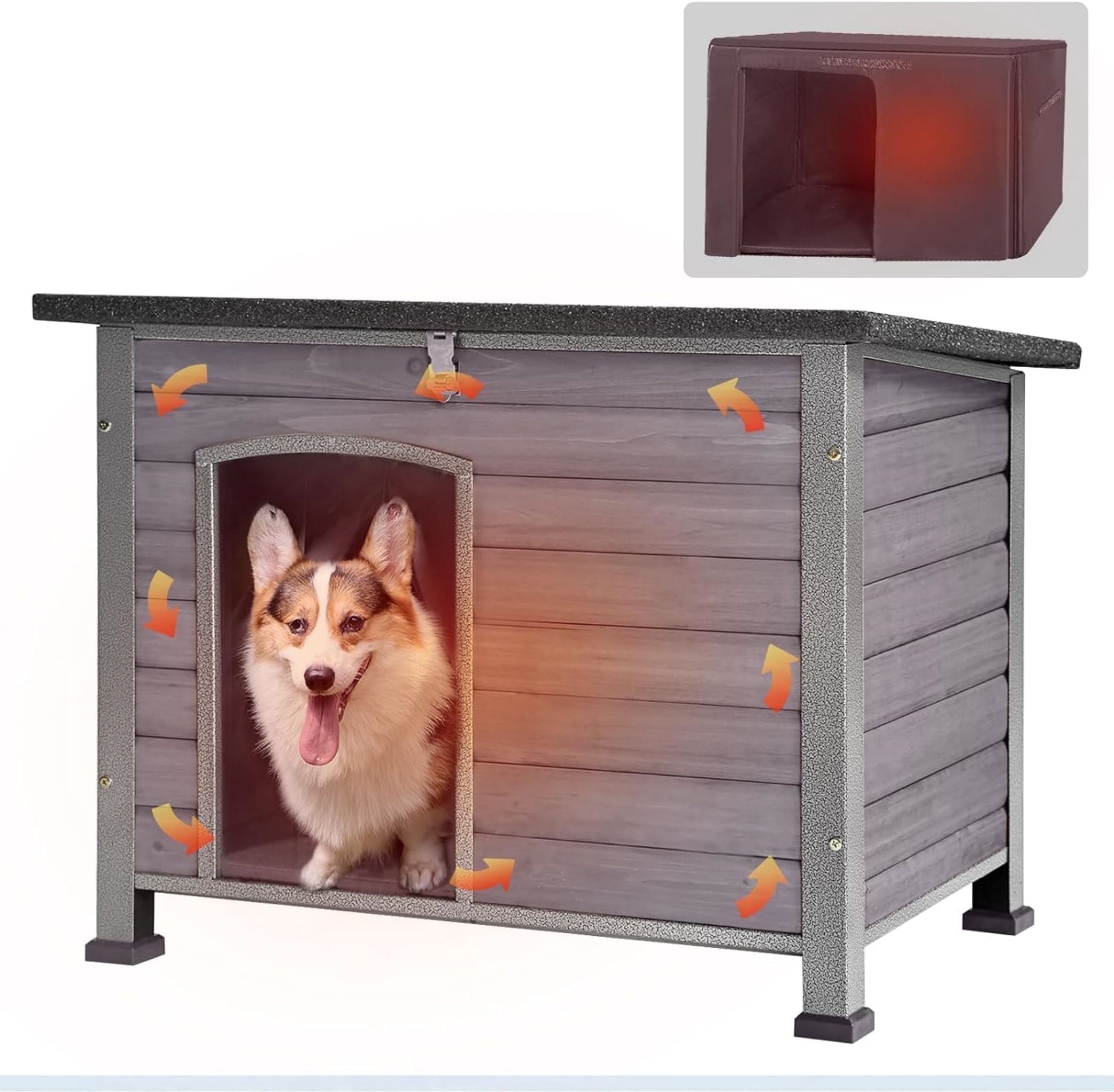 Aivituvin Insulated Dog House with Liner for Outdoor Winter Weatherproof Wooden Dog Kennel All-Around Iron Frame