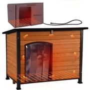 Aivituvin Insulated Heated Dog House with Insulated Liner & Heating Pad, All-Around Iron Frame Large Outdoor Dog House for Small & Medium & Large Dogs, Waterproof, Brown