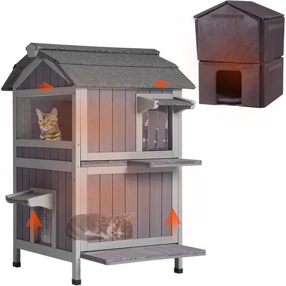 Aivituvin Insulated Outdoor Cat House, Weatherproof Outside Feral Cat Shelter for Winter, 2 Story Kitten House